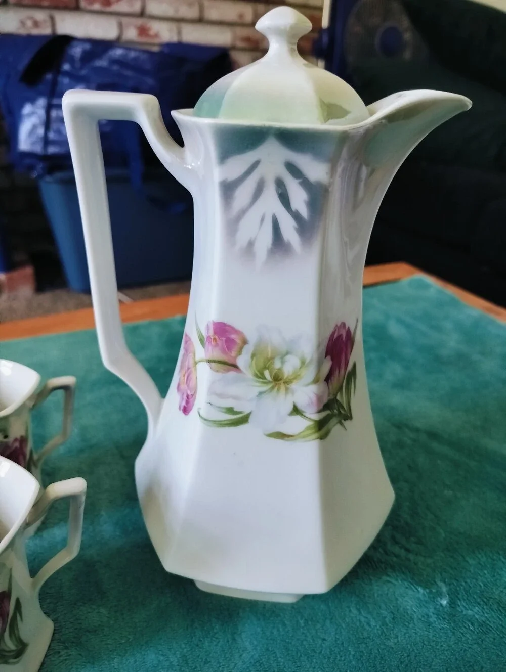 Antique German Porcelain Chocolate Pot Set 6 Cups Tulips Art Nouveau C. 1890s